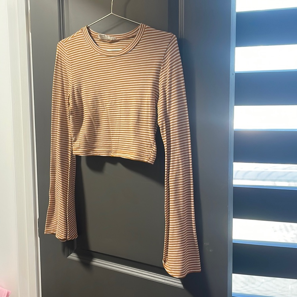 Burnt orange strip bell sleeve crop top